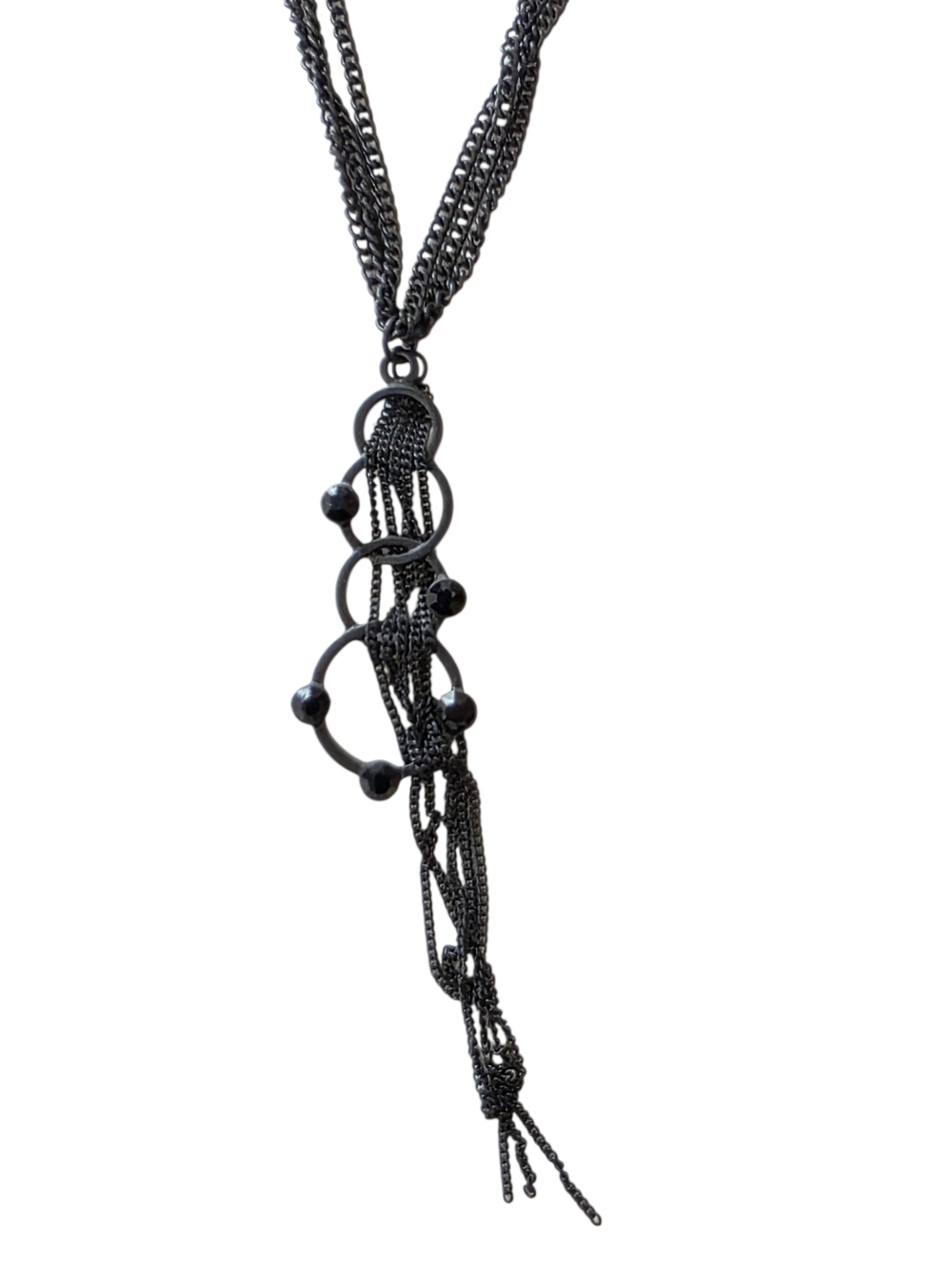 Black Multi-Strand Bead & Ring Tassel Necklace - Women Jewelry